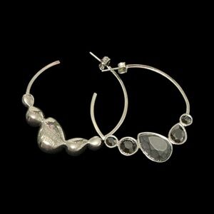 Sleek Black Metal Hoop Earrings with Beaded Accents